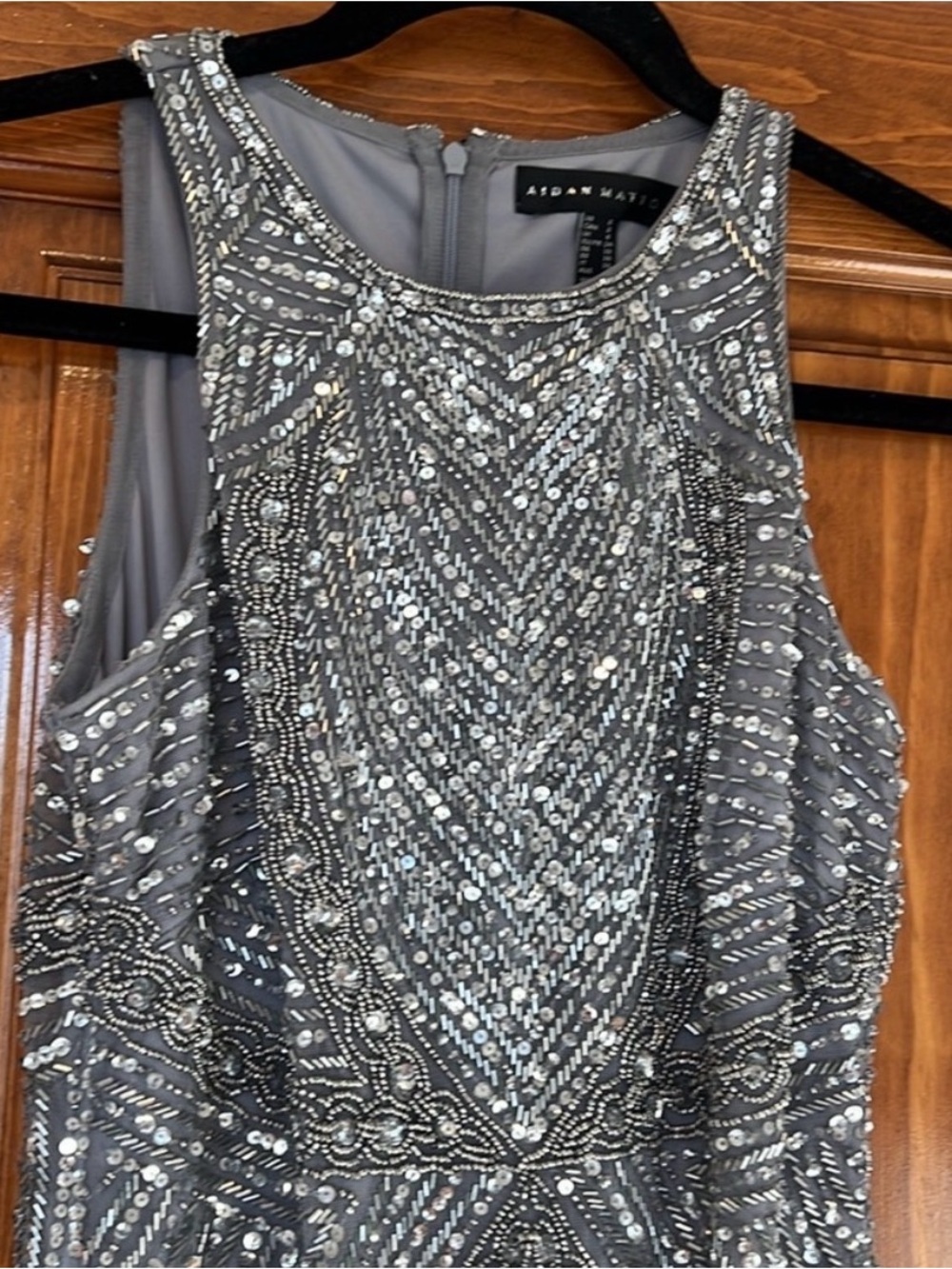 Aidan Mattox Gray Silver Beaded High-Neck Evening Dress